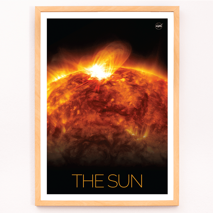 A fiery depiction of the Sun by NASA in The Sun 1 artwork. Poster featuring a vibrant image of the sun with solar flares and the title The Sun by NASA.