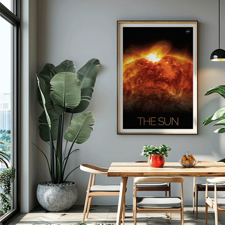 A fiery depiction of the Sun by NASA in The Sun 1 artwork. Poster featuring a vibrant image of the sun with solar flares and the title The Sun by NASA.