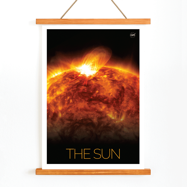 A fiery depiction of the Sun by NASA in The Sun 1 artwork. Poster featuring a vibrant image of the sun with solar flares and the title The Sun by NASA.