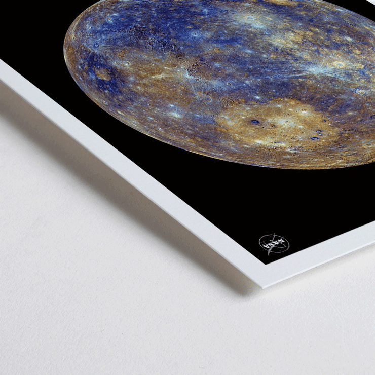 Mercury by NASA artwork featuring the planet Mercury in vivid colors against a black background Poster of Mercury by NASA depicting the detailed surface of the planet against a black background with the title Mercury below.