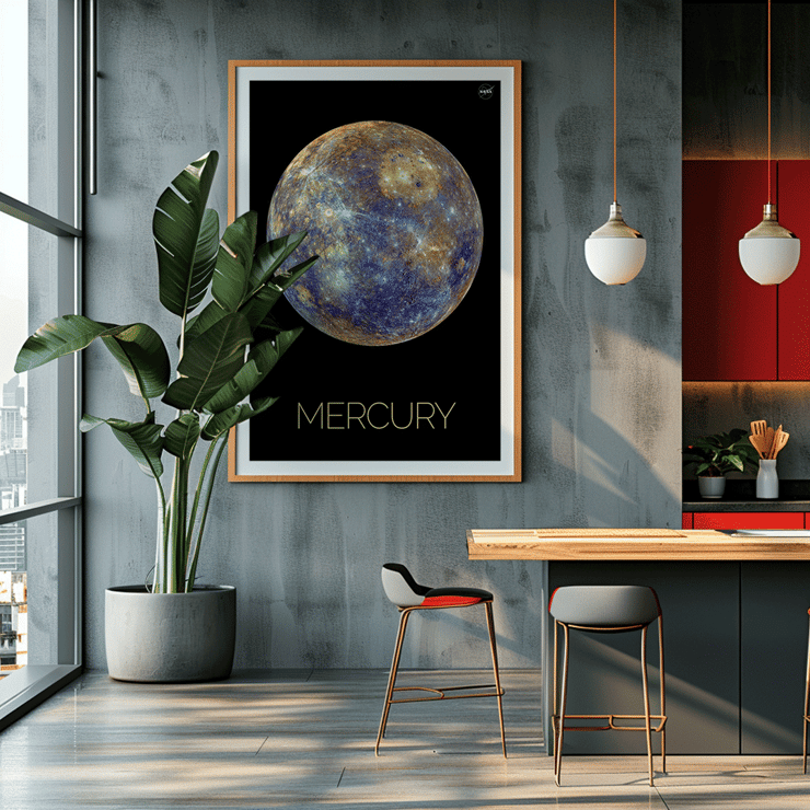 Mercury by NASA artwork featuring the planet Mercury in vivid colors against a black background Poster of Mercury by NASA depicting the detailed surface of the planet against a black background with the title Mercury below.