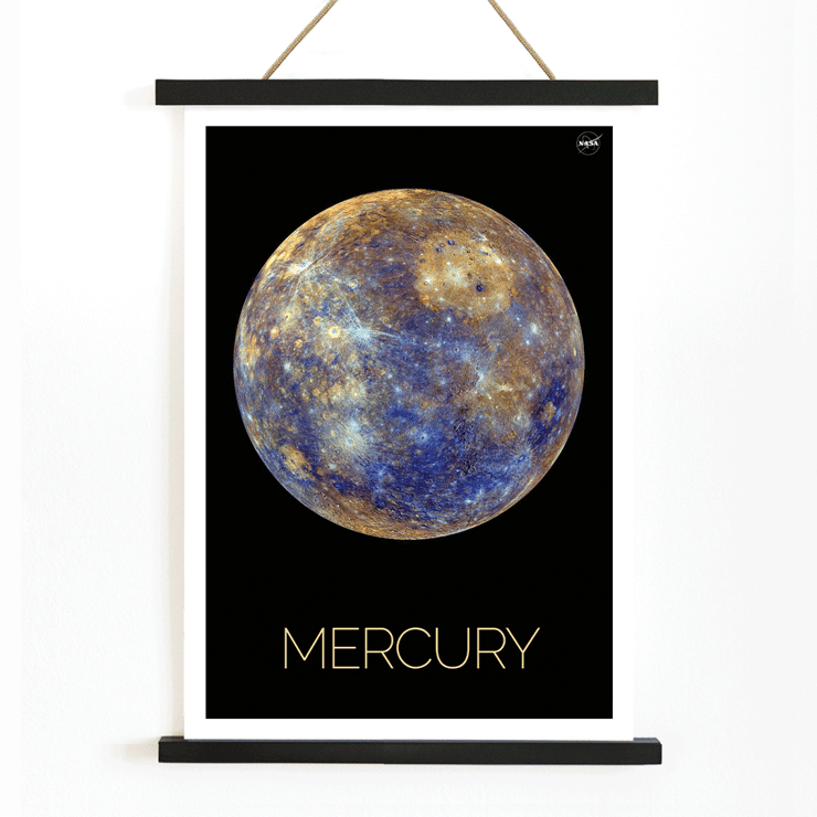 Mercury by NASA artwork featuring the planet Mercury in vivid colors against a black background Poster of Mercury by NASA depicting the detailed surface of the planet against a black background with the title Mercury below.