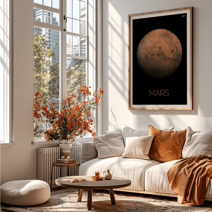 Mars by NASA framed poster showcasing the red planet Poster featuring a detailed photo of the planet Mars by NASA with the title Mars at the bottom against a black background.
