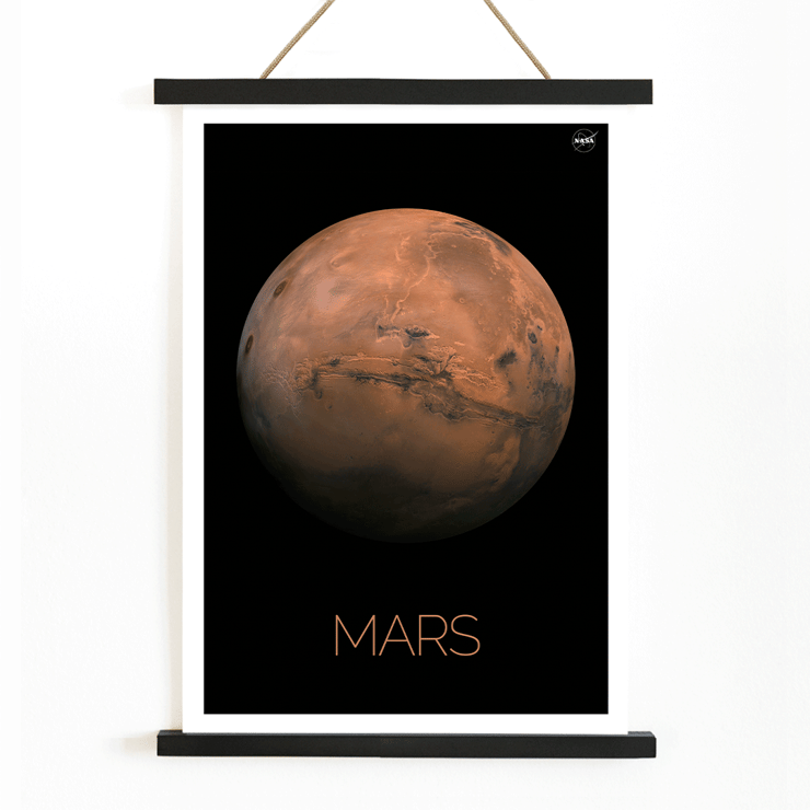 Mars by NASA framed poster showcasing the red planet Poster featuring a detailed photo of the planet Mars by NASA with the title Mars at the bottom against a black background.