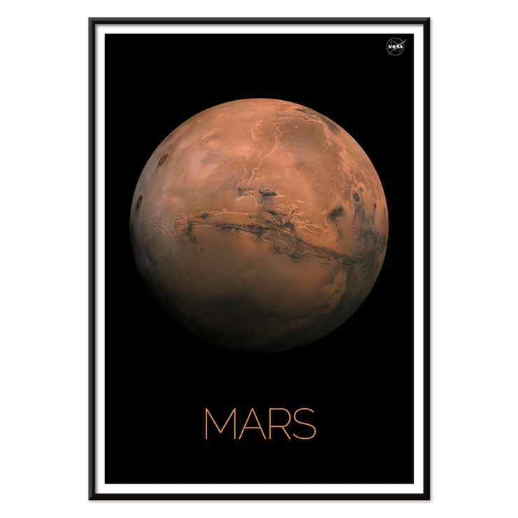 Mars by NASA framed poster showcasing the red planet Poster featuring a detailed photo of the planet Mars by NASA with the title Mars at the bottom against a black background.