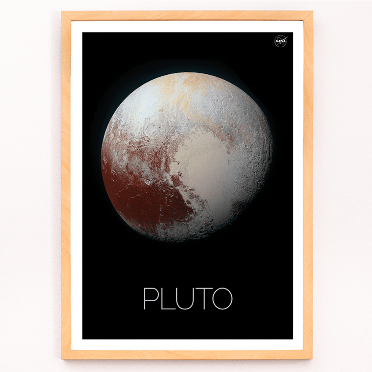 Image of Pluto by NASA in a black frame. Poster featuring Pluto with detailed surface textures displayed by NASA titled Pluto by NASA.