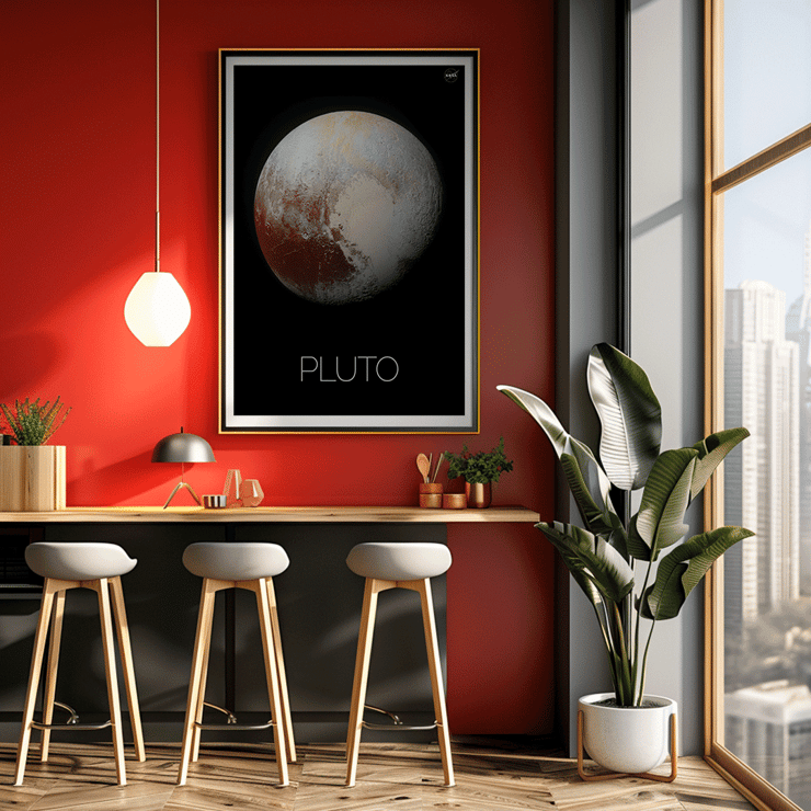 Image of Pluto by NASA in a black frame. Poster featuring Pluto with detailed surface textures displayed by NASA titled Pluto by NASA.