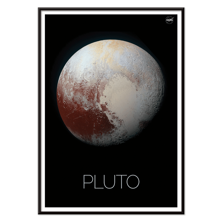 Image of Pluto by NASA in a black frame. Poster featuring Pluto with detailed surface textures displayed by NASA titled Pluto by NASA.