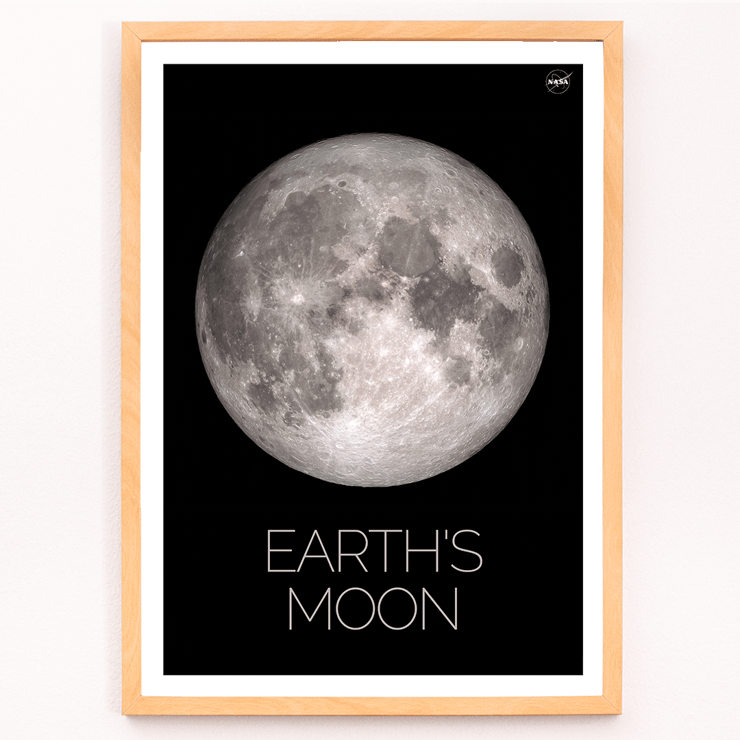 Earth's Moon by NASA framed detailed image of the lunar surface Poster of Earth's Moon showing detailed image of lunar surface labeled Moon by NASA with a black background and white border.