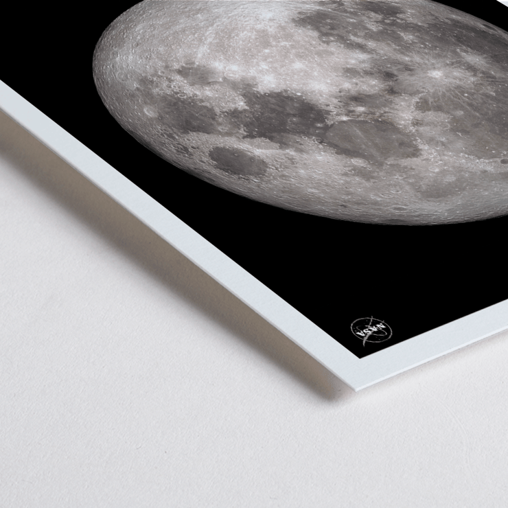 Earth's Moon by NASA framed detailed image of the lunar surface Poster of Earth's Moon showing detailed image of lunar surface labeled Moon by NASA with a black background and white border.