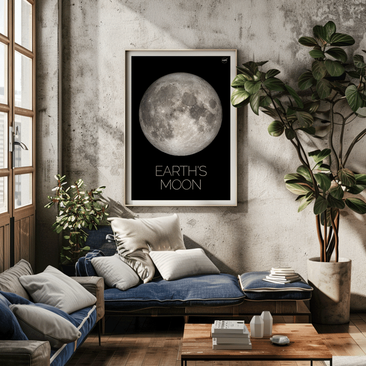 Earth's Moon by NASA framed detailed image of the lunar surface Poster of Earth's Moon showing detailed image of lunar surface labeled Moon by NASA with a black background and white border.