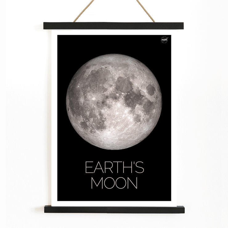 Earth's Moon by NASA framed detailed image of the lunar surface Poster of Earth's Moon showing detailed image of lunar surface labeled Moon by NASA with a black background and white border.