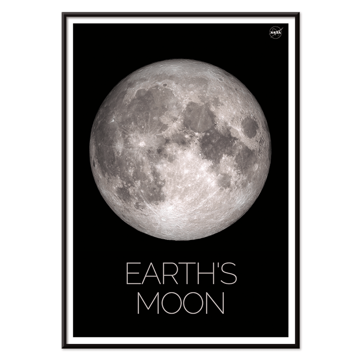 Earth's Moon by NASA framed detailed image of the lunar surface Poster of Earth's Moon showing detailed image of lunar surface labeled Moon by NASA with a black background and white border.