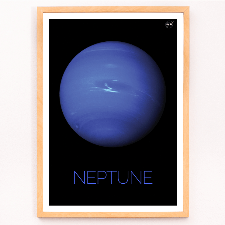 Poster of the planet Neptune by NASA with a black background. Poster of Neptune by NASA featuring a detailed image of the blue planet against a black background with the title Neptune at the bottom.