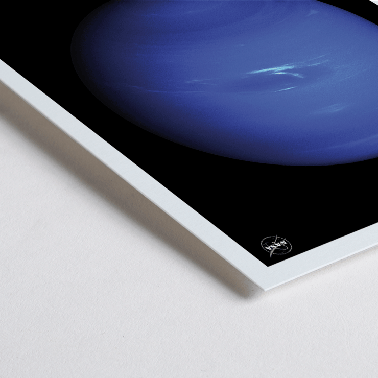 Poster of the planet Neptune by NASA with a black background. Poster of Neptune by NASA featuring a detailed image of the blue planet against a black background with the title Neptune at the bottom.