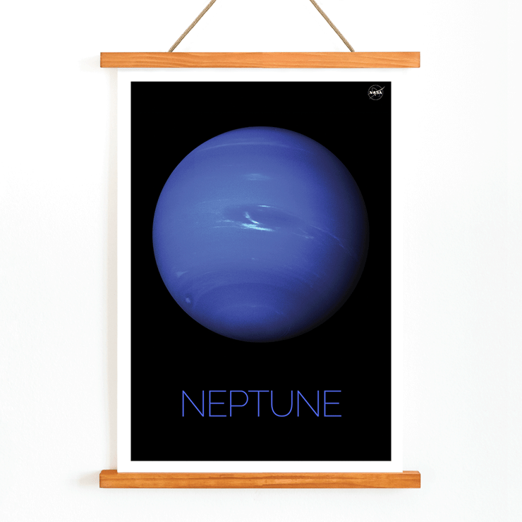 Poster of the planet Neptune by NASA with a black background. Poster of Neptune by NASA featuring a detailed image of the blue planet against a black background with the title Neptune at the bottom.