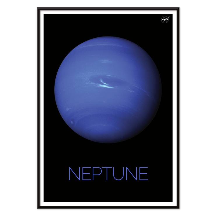 Poster of the planet Neptune by NASA with a black background. Poster of Neptune by NASA featuring a detailed image of the blue planet against a black background with the title Neptune at the bottom.