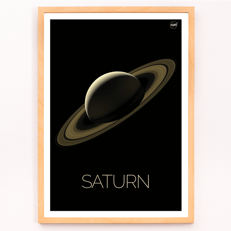 Illustration of planet Saturn by NASA. Poster of the artwork Saturn by NASA featuring the planet Saturn with its rings against a black background.