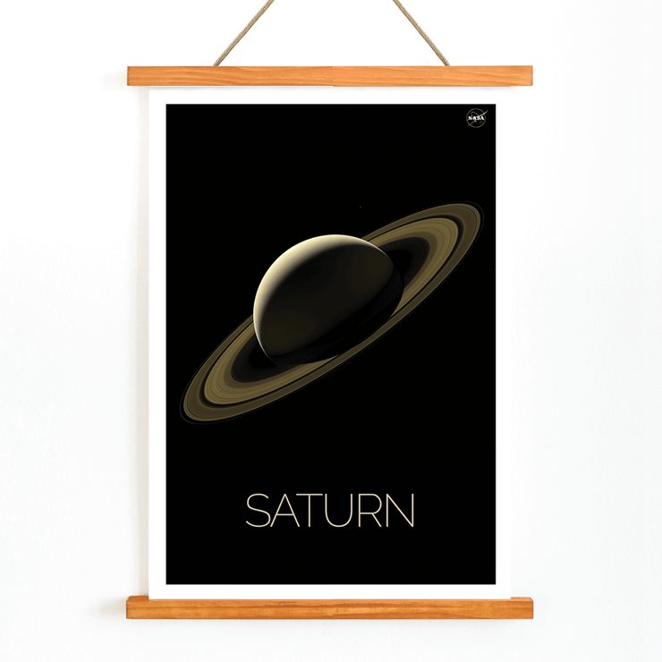 Illustration of planet Saturn by NASA. Poster of the artwork Saturn by NASA featuring the planet Saturn with its rings against a black background.