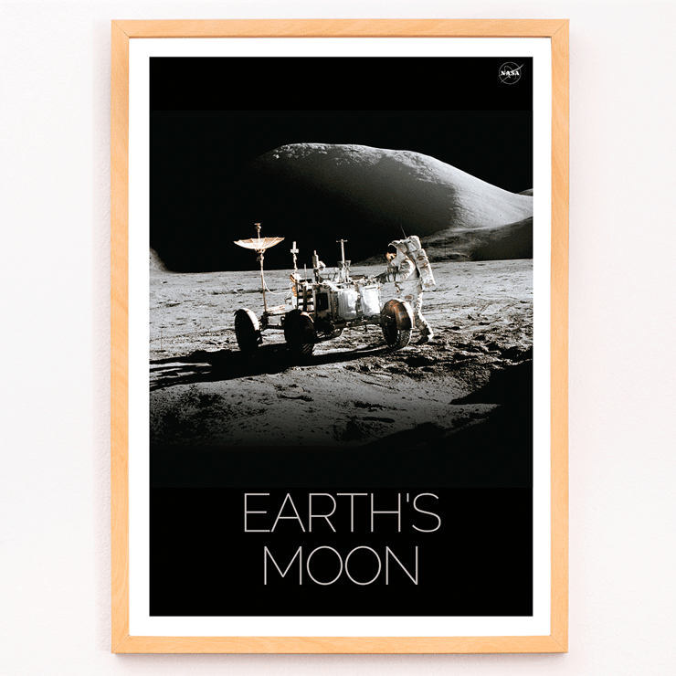 Astronaut with lunar rover on the moon surface Man on Moon 1 by NASA A poster titled Man on Moon 1 by NASA depicting an astronaut beside a lunar rover on a moon surface with Earth's Moon text.