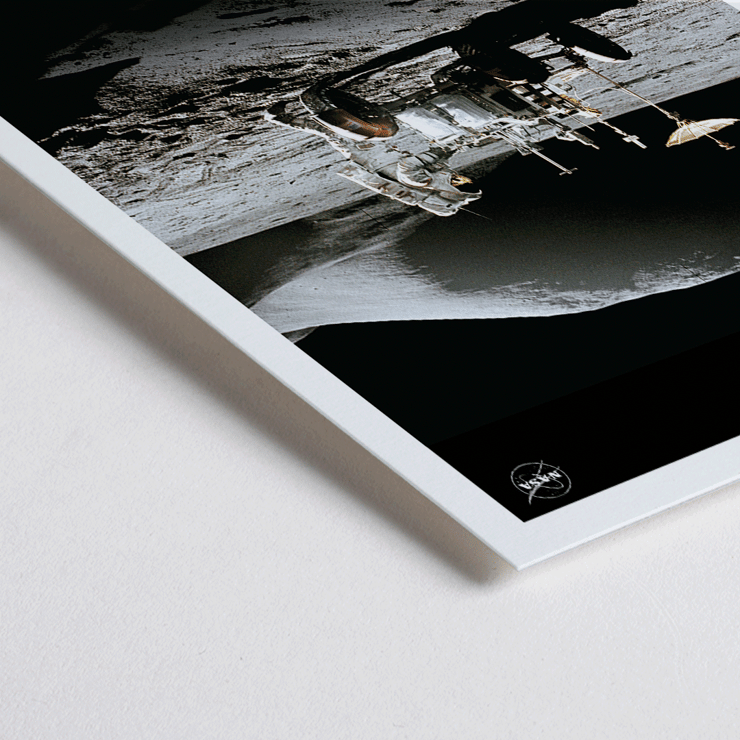 Astronaut with lunar rover on the moon surface Man on Moon 1 by NASA A poster titled Man on Moon 1 by NASA depicting an astronaut beside a lunar rover on a moon surface with Earth's Moon text.
