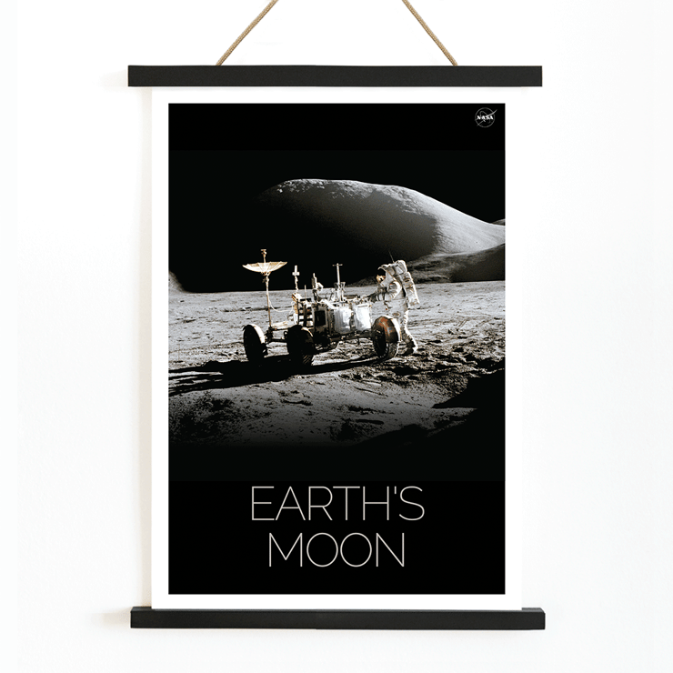 Astronaut with lunar rover on the moon surface Man on Moon 1 by NASA A poster titled Man on Moon 1 by NASA depicting an astronaut beside a lunar rover on a moon surface with Earth's Moon text.