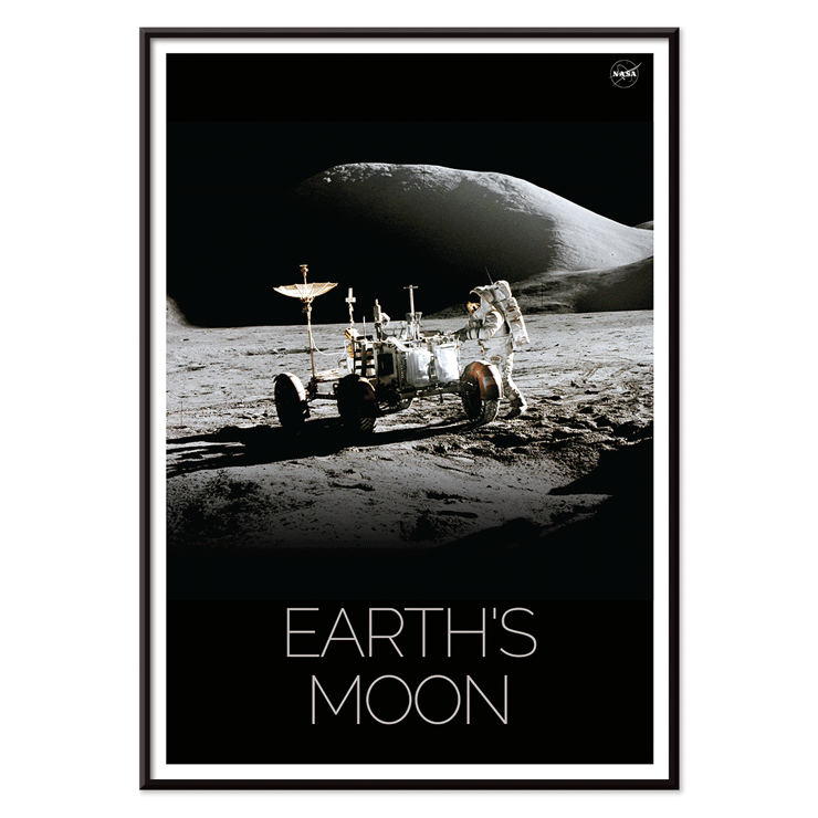 Astronaut with lunar rover on the moon surface Man on Moon 1 by NASA A poster titled Man on Moon 1 by NASA depicting an astronaut beside a lunar rover on a moon surface with Earth's Moon text.