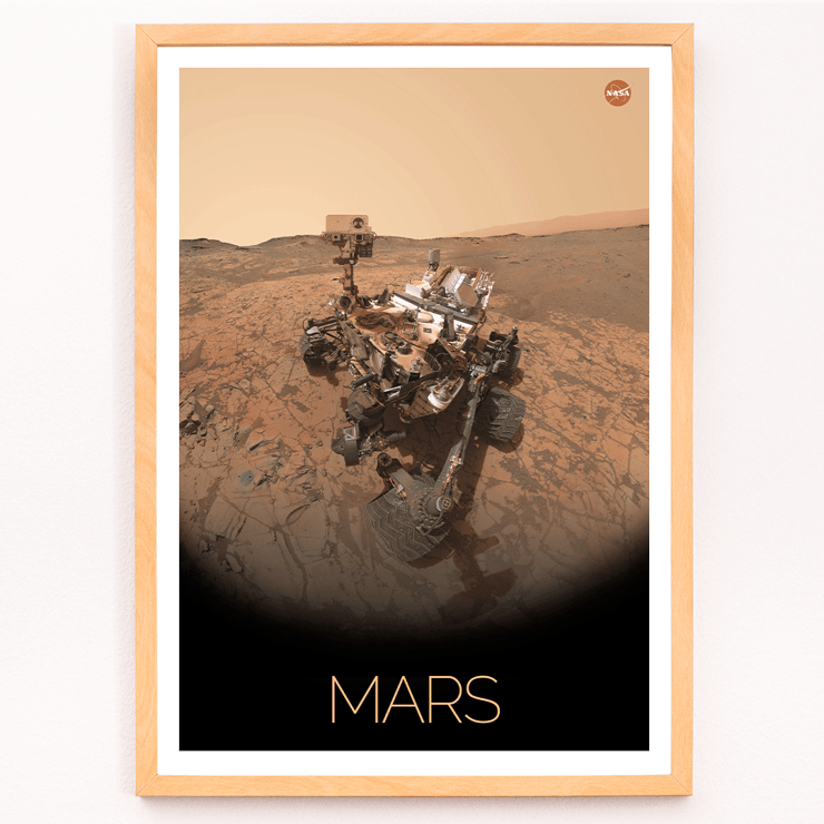 Mars exploration rover by NASA in the poster Rover on Mars Poster titled Rover on Mars by NASA featuring an image of a Mars rover on the Martian surface with a NASA logo in the top right corner.
