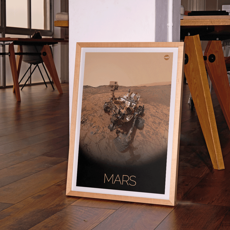 Mars exploration rover by NASA in the poster Rover on Mars Poster titled Rover on Mars by NASA featuring an image of a Mars rover on the Martian surface with a NASA logo in the top right corner.