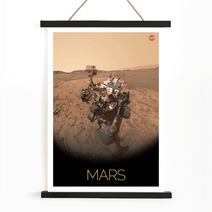 Mars exploration rover by NASA in the poster Rover on Mars Poster titled Rover on Mars by NASA featuring an image of a Mars rover on the Martian surface with a NASA logo in the top right corner.