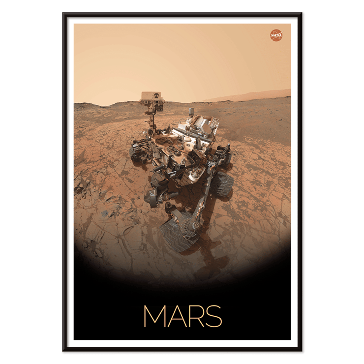Mars exploration rover by NASA in the poster Rover on Mars Poster titled Rover on Mars by NASA featuring an image of a Mars rover on the Martian surface with a NASA logo in the top right corner.