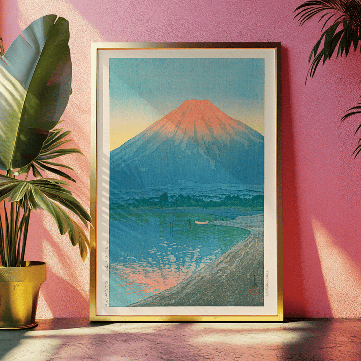 Serene sunrise over Lake Yamanaka with Mount Fuji by Kawase Hasui Poster of Daybreak over Lake Yamanaka by Kawase Hasui depicting a serene lake with Mount Fuji in the background at dawn.