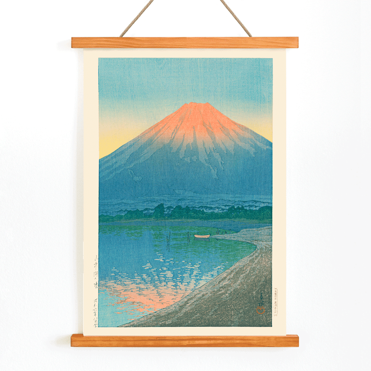 Serene sunrise over Lake Yamanaka with Mount Fuji by Kawase Hasui Poster of Daybreak over Lake Yamanaka by Kawase Hasui depicting a serene lake with Mount Fuji in the background at dawn.