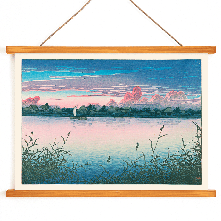 Peaceful twilight at a lakeside village Early Autumn in Urayasu by Kawase Hasui Poster of Early Autumn in Urayasu by Kawase Hasui depicting a serene waterfront scene with houses, a boat, and a colorful sky.