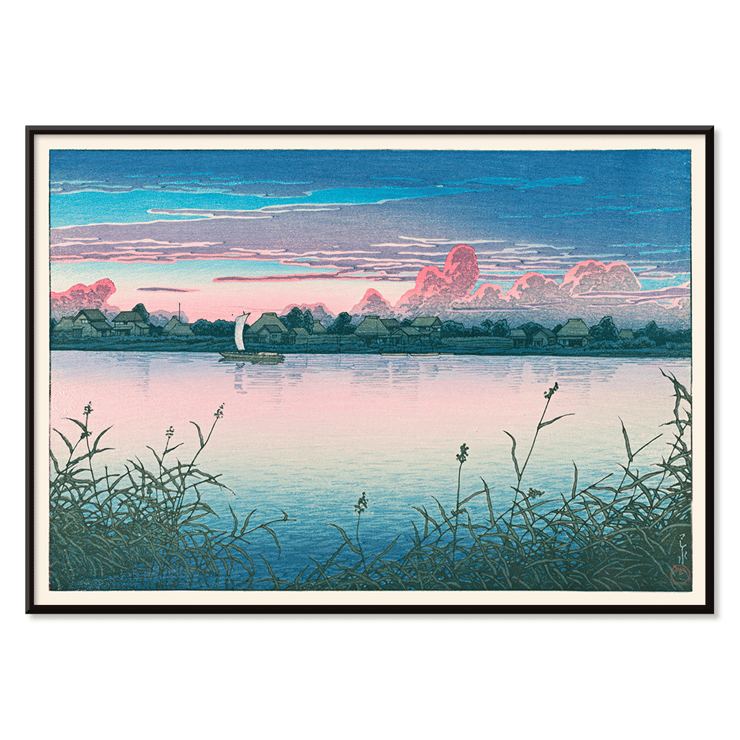 Peaceful twilight at a lakeside village Early Autumn in Urayasu by Kawase Hasui Poster of Early Autumn in Urayasu by Kawase Hasui depicting a serene waterfront scene with houses, a boat, and a colorful sky.