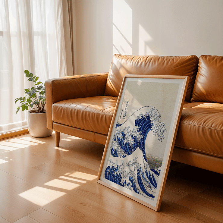 The Great Wave off Kanagawa by Katsushika Hokusai features a dramatic large wave towering over small boats. The Great Wave off Kanagawa poster by Katsushika Hokusai depicting a large wave threatening boats with Mount Fuji in the background.