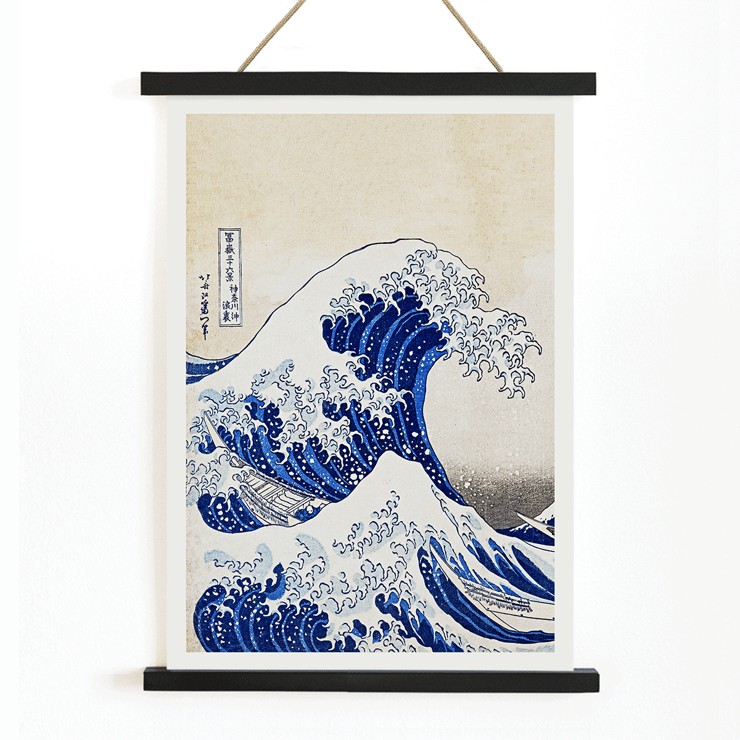 The Great Wave off Kanagawa by Katsushika Hokusai features a dramatic large wave towering over small boats. The Great Wave off Kanagawa poster by Katsushika Hokusai depicting a large wave threatening boats with Mount Fuji in the background.
