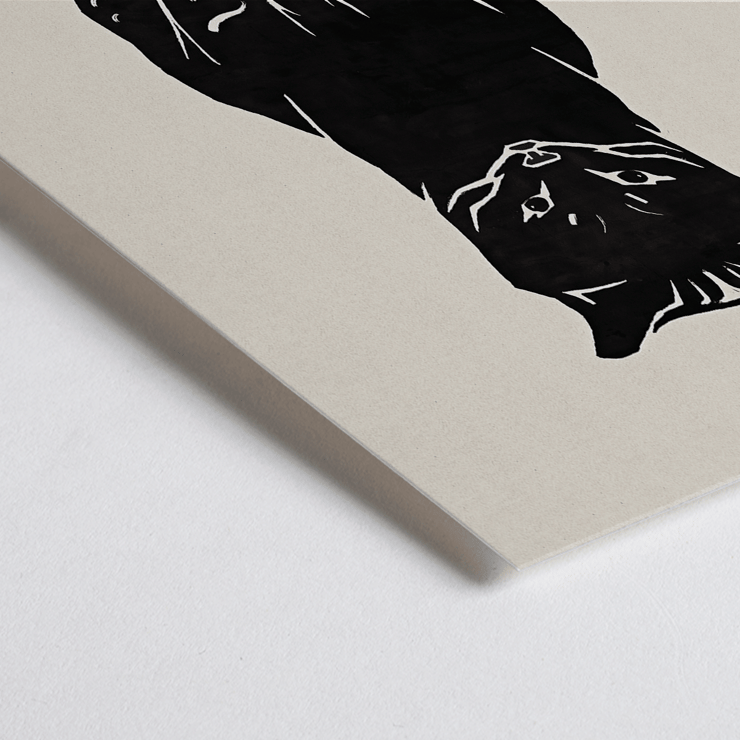 Artwork Black Cat 2 by unknown artist featuring stylized black cat on beige background Poster of a black cat artwork titled Black Cat by Anonymous featuring a bold, minimalist design with a red stamp detail.