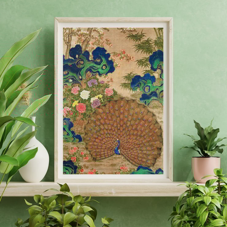 Paon chinois et fleurs