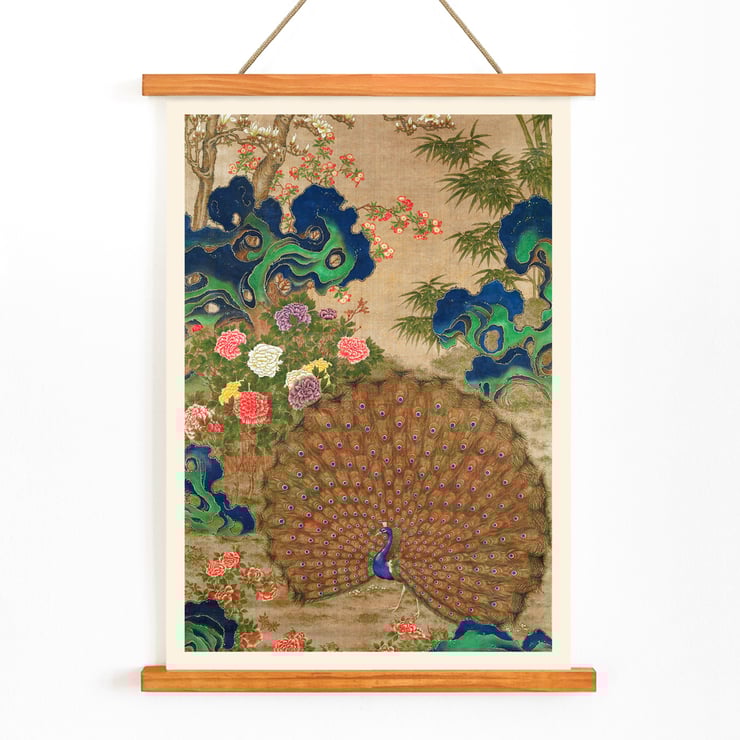 Paon chinois et fleurs