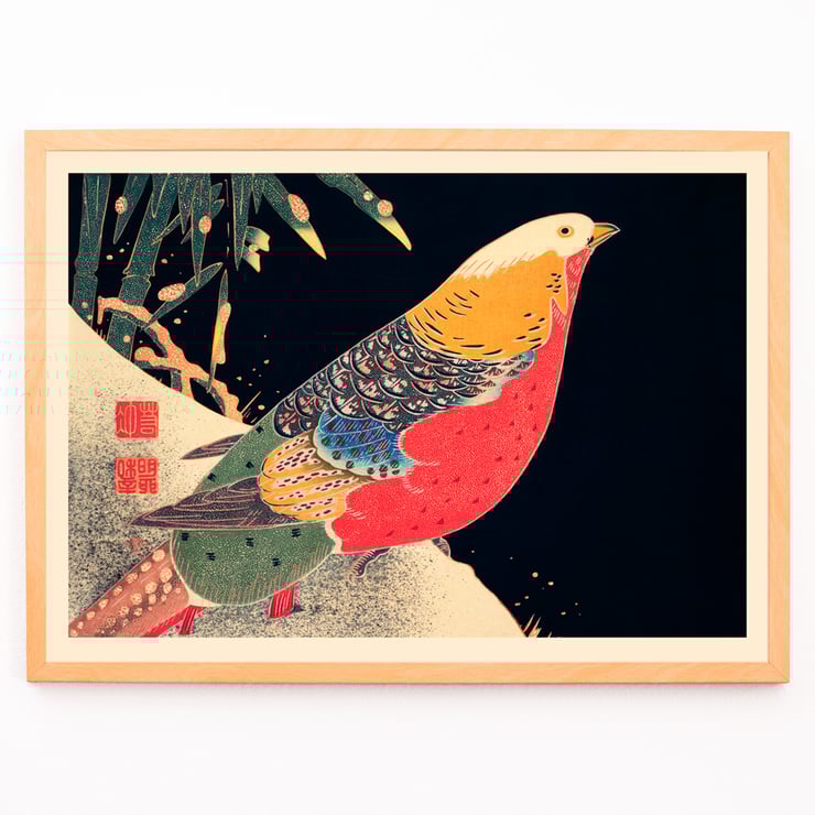 Colorful bird perched in snow artwork by Ito Jakuchu titled Golden Pheasant in the Snow Poster of artwork Golden Pheasant in the Snow by Ito Jakuchu featuring a colorful pheasant against a dark background with snow.