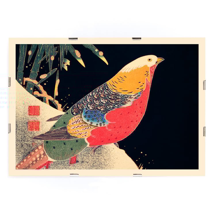 Colorful bird perched in snow artwork by Ito Jakuchu titled Golden Pheasant in the Snow Poster of artwork Golden Pheasant in the Snow by Ito Jakuchu featuring a colorful pheasant against a dark background with snow.