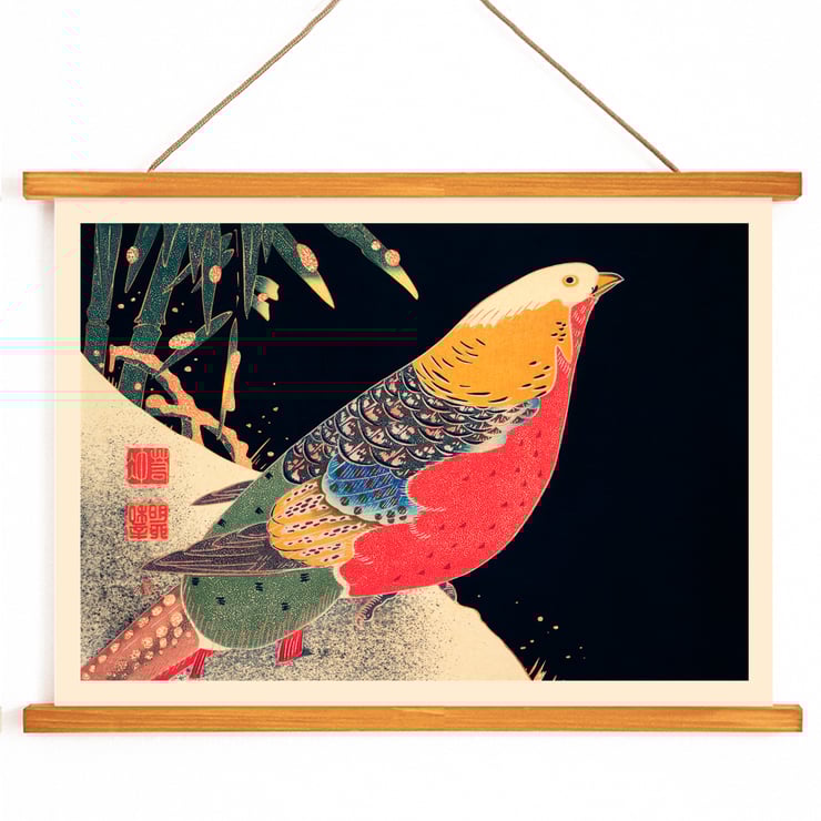 Colorful bird perched in snow artwork by Ito Jakuchu titled Golden Pheasant in the Snow Poster of artwork Golden Pheasant in the Snow by Ito Jakuchu featuring a colorful pheasant against a dark background with snow.