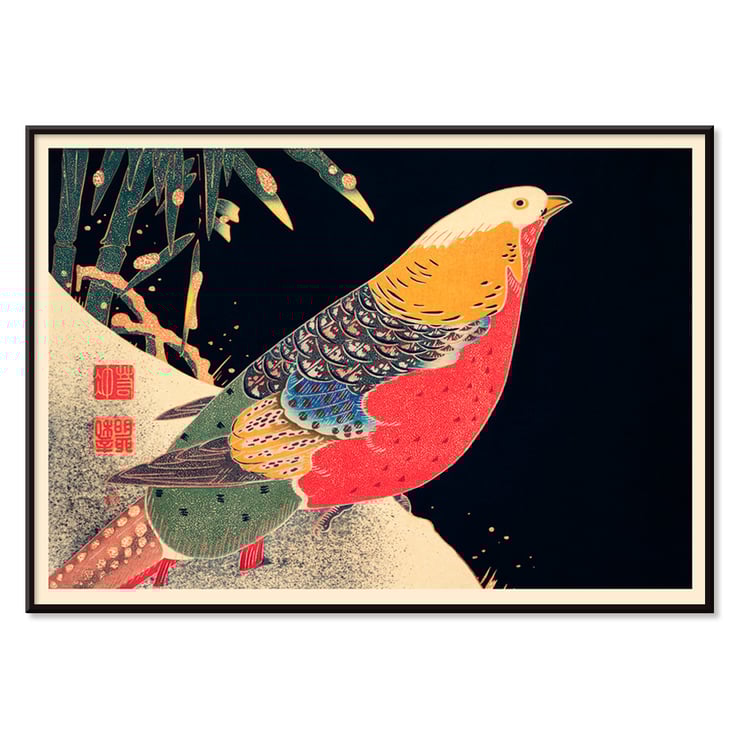 Colorful bird perched in snow artwork by Ito Jakuchu titled Golden Pheasant in the Snow Poster of artwork Golden Pheasant in the Snow by Ito Jakuchu featuring a colorful pheasant against a dark background with snow.