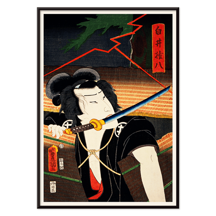 Samurai warrior holding a sword in traditional Japanese artwork Often Playing Roles by Toyohara Kunichika Poster of a samurai with a sword in traditional attire Often Playing Roles by Toyohara Kunichika with dramatic background elements