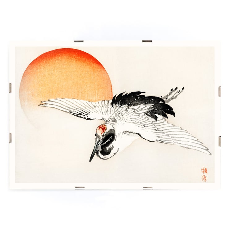 Flying crane in front of an orange sun by Kōno Bairei Poster of a crane flying with a red sun in the background titled Flying crane by Kōno Bairei.