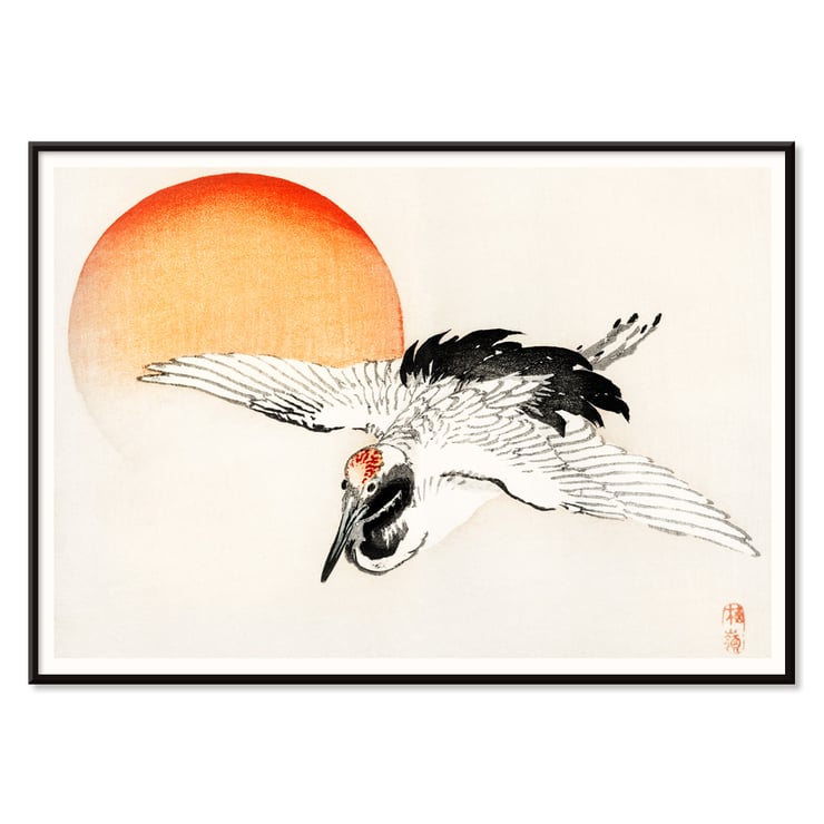 Flying crane in front of an orange sun by Kōno Bairei Poster of a crane flying with a red sun in the background titled Flying crane by Kōno Bairei.