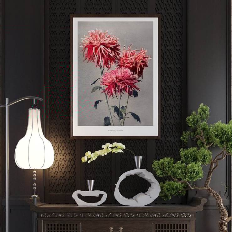 Kazumasa Ogawa Asa–dsuma–bune hand–colored collotype of vivid red flowers Poster featuring Asa-dsuma-bune by Kazumasa Ogawa showcasing vibrant hand-colored flowers on a neutral background.
