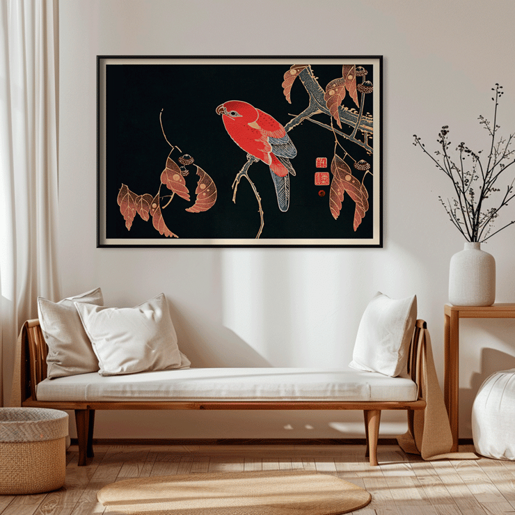 Red Parrot on the Branch of a Tree by Ito Jakuchu showcasing intricate details and vibrant colors. Poster of a vibrant red parrot perched on a tree branch from the artwork Red Parrot on the Branch of a Tree by Ito Jakuchu