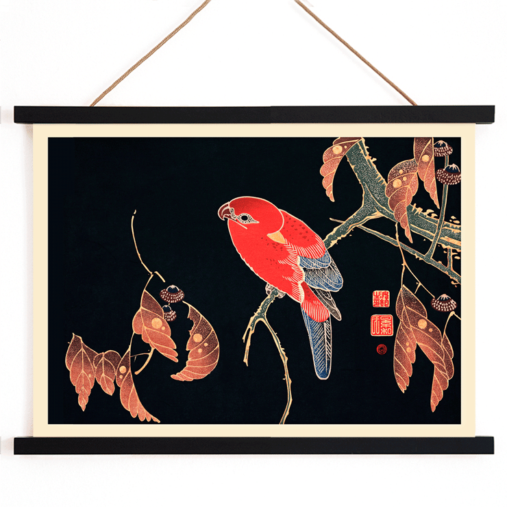 Red Parrot on the Branch of a Tree by Ito Jakuchu showcasing intricate details and vibrant colors. Poster of a vibrant red parrot perched on a tree branch from the artwork Red Parrot on the Branch of a Tree by Ito Jakuchu